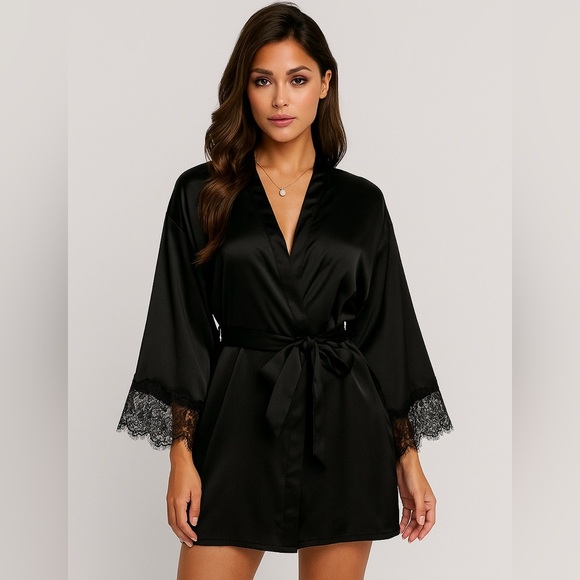 Ann Summers Black Satin Robe Wrap Mini Belted Lace Small Whimsigoth Romantic - Picture 1 of 11